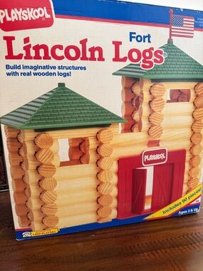 Vintage 1992 Playskool Lincoln Logs 90 Pc Made in USA w/ Box & Instructions